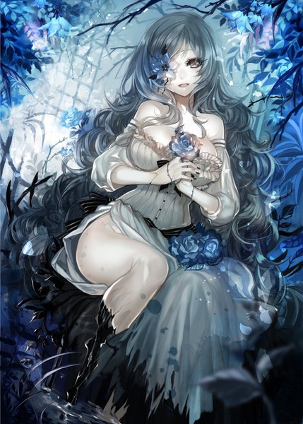Anime picture 2592x3624 with original ut (apt) single long hair tall image looking at viewer highres breasts open mouth light erotic smile large breasts sitting bare shoulders holding nail polish :d hair flower light smile grey hair