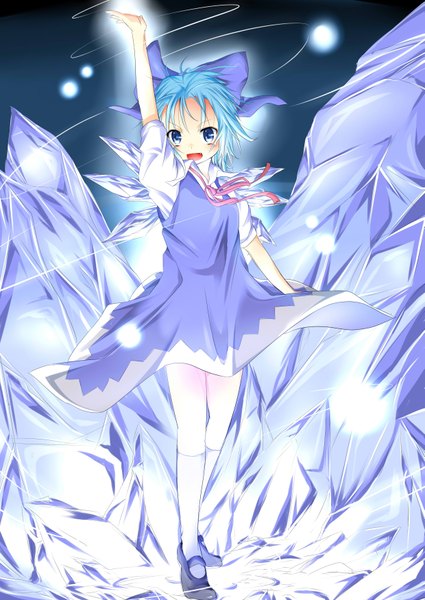 Anime picture 2477x3500 with touhou cirno wakagi repa single tall image blush highres short hair open mouth blue eyes blue hair girl dress bow hair bow wings socks white socks ice