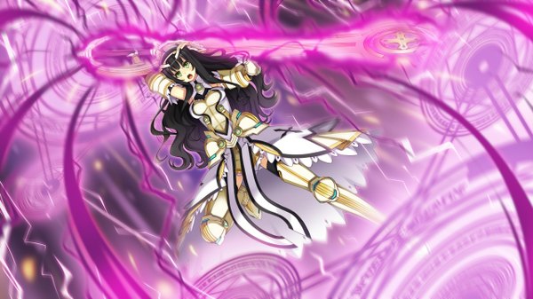 Anime picture 1280x720 with 1/7 no mahoutsukai kanzaki ema tel-o single long hair blush fringe open mouth black hair wide image green eyes game cg magic girl weapon huge weapon clothes armored dress magic circle