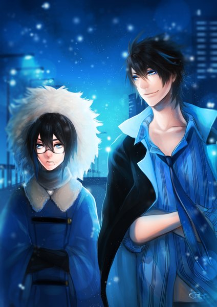 Anime picture 1240x1754 with original rm-parfait tall image short hair blue eyes black hair standing signed light smile night mole multiple boys night sky city snowing winter blue background crossed arms striped open collar
