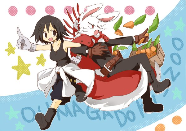 Anime picture 1280x904 with oumagadoki zoo (manga) shiina (zoo) aoi hana (zoo) potepoteto open mouth black hair red eyes black eyes bunny ears polka dot running girl boy gloves animal boots belt scarf cloak vegetables