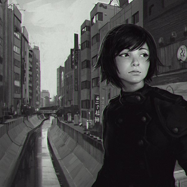 Anime picture 1024x1024 with original ilya kuvshinov single fringe short hair looking away sky outdoors realistic city hieroglyph monochrome cityscape river real world location tokyo shibuya (tokyo) girl building (buildings) coat