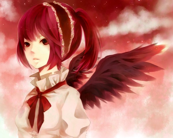 Anime picture 1000x800 with original kwbr single short hair cloud (clouds) ponytail red hair girl wings headdress