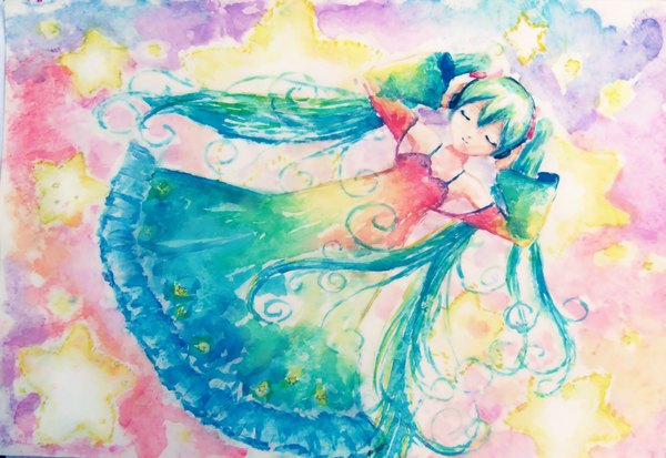 Anime picture 2380x1642 with vocaloid hatsune miku nicole (pixiv id239859) single long hair highres twintails eyes closed aqua hair traditional media watercolor (medium) girl detached sleeves star (symbol)