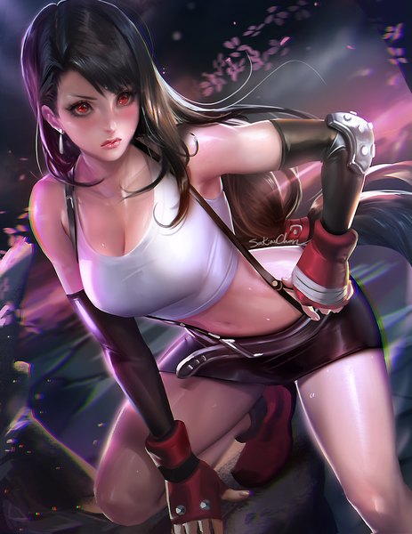 Anime picture 1314x1700 with final fantasy final fantasy vii square enix tifa lockhart sakimichan single tall image blush fringe breasts black hair red eyes large breasts looking away cleavage very long hair nail polish wind lips blurry