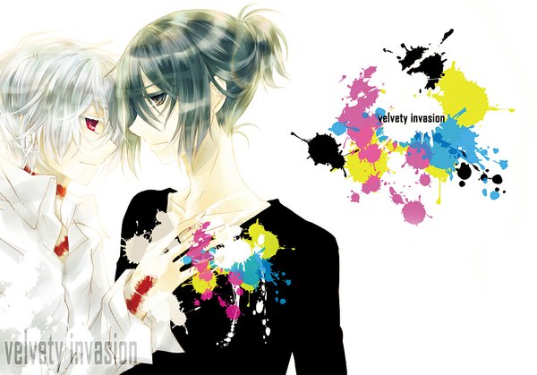 Anime picture 1114x778 with no.6 studio bones nezumi (no.6) shion (no.6) fringe short hair red eyes blue hair white hair profile light smile black eyes multiple boys shounen ai boy shirt 2 boys