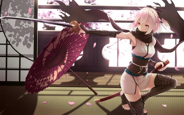 Anime picture 3200x2000 with fate (series) koha-ace okita souji (fate) (all) okita souji (koha-ace) bakanoe single blush fringe highres short hair breasts blonde hair hair between eyes holding yellow eyes payot looking away full body ponytail traditional clothes