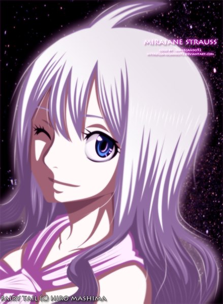 Anime picture 1000x1367 with fairy tail mirajane strauss seireiart single long hair tall image blue eyes smile silver hair one eye closed wink inscription coloring portrait girl star (stars)