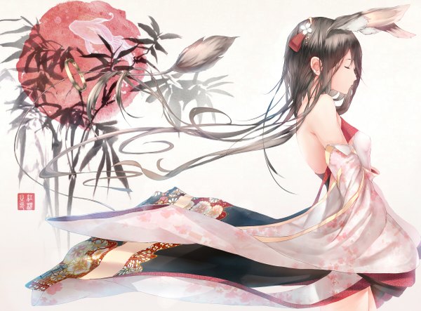 Anime picture 1200x887 with original hadean92 single long hair black hair simple background white background animal ears tail eyes closed traditional clothes japanese clothes animal tail profile wind girl hair ornament plant (plants) fish (fishes)