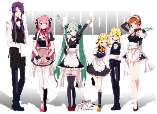 Anime picture 1250x909 with vocaloid hatsune miku megurine luka kagamine rin kagamine len meiko kamui gakupo manyako (mohumohu) long hair short hair open mouth blue eyes blonde hair smile purple eyes twintails multiple girls pink hair purple hair aqua eyes