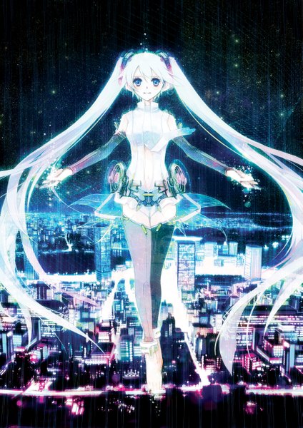 Anime picture 1753x2480 with vocaloid vocaloid append hatsune miku hatsune miku (append) chris (pixiv) tall image highres blue eyes twintails white hair very long hair night sky city cityscape flying girl thighhighs detached sleeves necktie