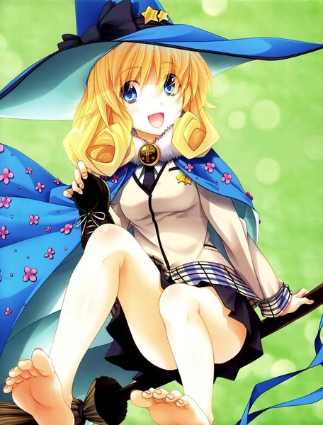 Anime picture 1218x1600 with le fay pendragon miyama zero single tall image looking at viewer short hair open mouth blue eyes blonde hair barefoot bare legs witch girl skirt uniform school uniform witch hat broom