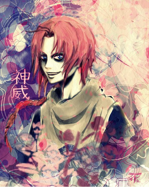 Anime picture 1377x1724 with gintama sunrise (studio) kamui (gintama) single long hair tall image looking at viewer blue eyes smile bare shoulders signed red hair braid (braids) pale skin boy