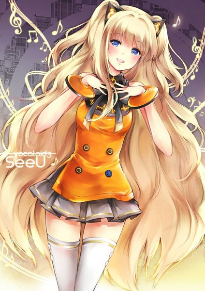 Anime picture 730x1032 with vocaloid seeu yukihomu single tall image blush blue eyes blonde hair braid (braids) very long hair twin braids text girl skirt bow pantyhose bracelet jewelry buttons musical note