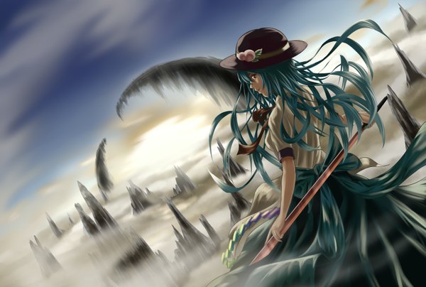 Anime picture 2969x2000 with touhou hinanawi tenshi sakkun2014 single long hair highres red eyes sky looking back aqua hair fog girl bow weapon hat sword sun hisou no tsurugi