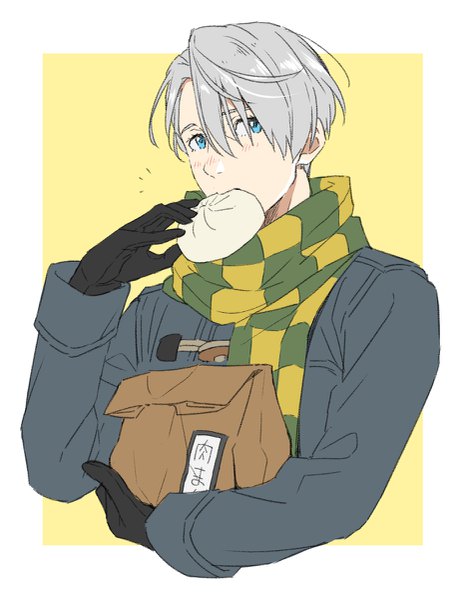 Anime picture 929x1200 with yuri!!! on ice mappa viktor nikiforov natsuko (bluecandy) single tall image blush fringe short hair blue eyes simple background looking away silver hair upper body hair over one eye eating checkered scarf boy gloves black gloves