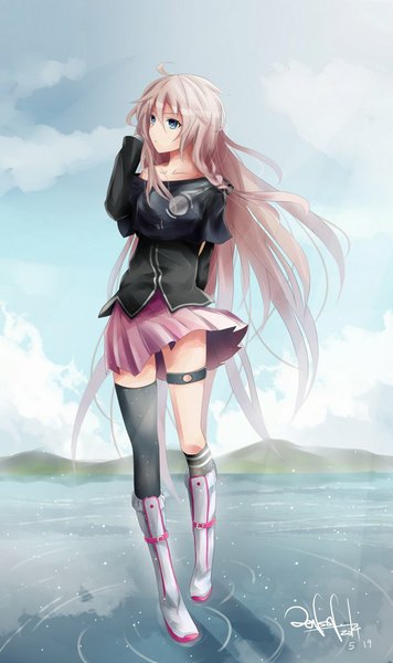 Anime picture 594x1000 with vocaloid ia (vocaloid) jenson tw jsngoat single long hair tall image fringe blue eyes standing bare shoulders looking away sky cloud (clouds) white hair braid (braids) pleated skirt wind sunlight single braid
