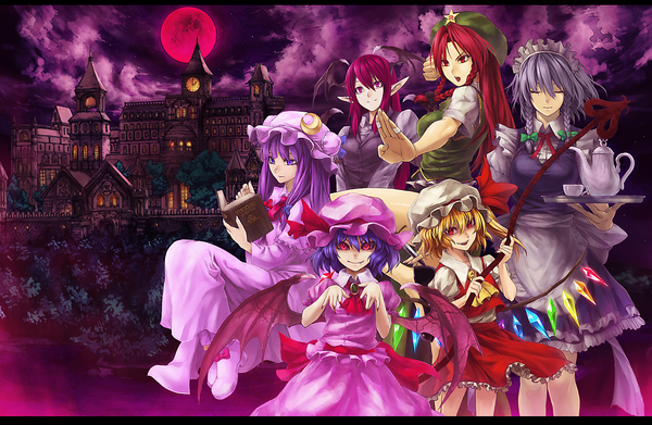 Anime picture 2500x1633 with touhou flandre scarlet remilia scarlet izayoi sakuya patchouli knowledge hong meiling koakuma guchico long hair highres short hair open mouth blonde hair red eyes purple eyes multiple girls purple hair red hair eyes closed pointy ears