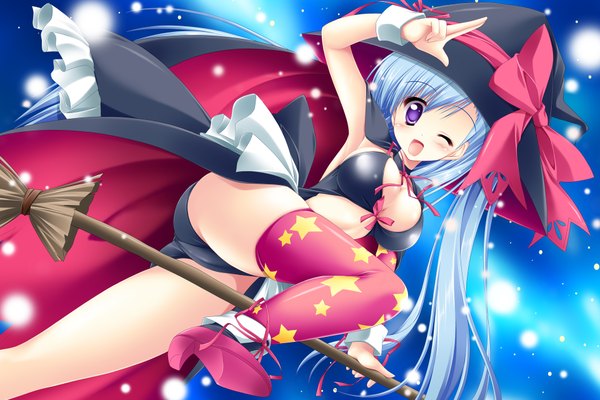 Anime picture 1920x1280 with ima mo itsuka mo faluna luna mitsuki aimi kamiya tomoe long hair blush highres breasts open mouth light erotic purple eyes blue hair one eye closed wink star print broom riding girl thighhighs star (symbol) witch hat broom