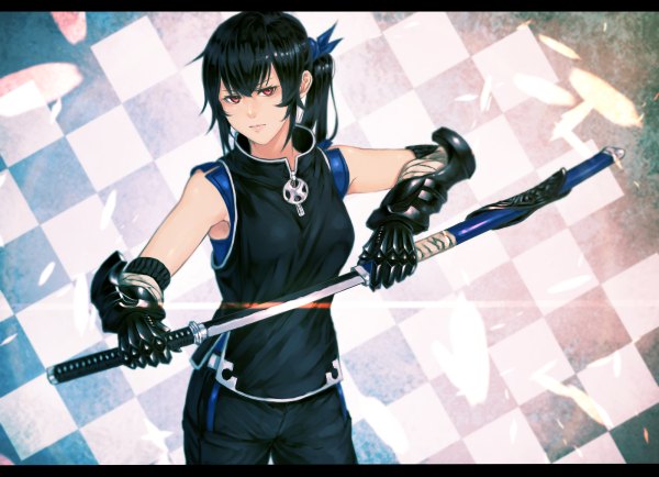 Anime picture 1200x868 with original mstm single long hair looking at viewer black hair red eyes ponytail checkered checkered background unsheathing girl gloves weapon sword katana pants vest sheath