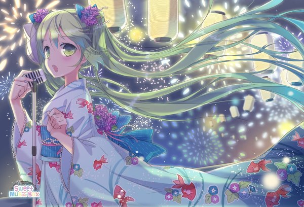 Anime picture 1504x1023 with vocaloid hatsune miku jin young-in single long hair open mouth twintails green eyes japanese clothes hair flower green hair wind floral print animal print fireworks singing fish print girl hair ornament microphone
