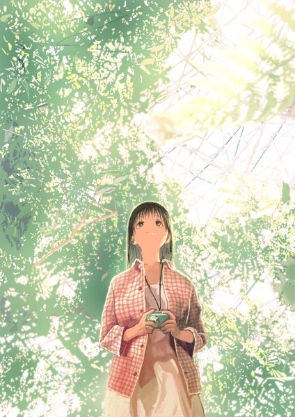 Anime picture 1240x1754 with original hyotan (artist) single long hair tall image smile brown hair brown eyes sunlight open clothes open shirt looking up girl dress plant (plants) shirt tree (trees) leaf (leaves) pink dress camera