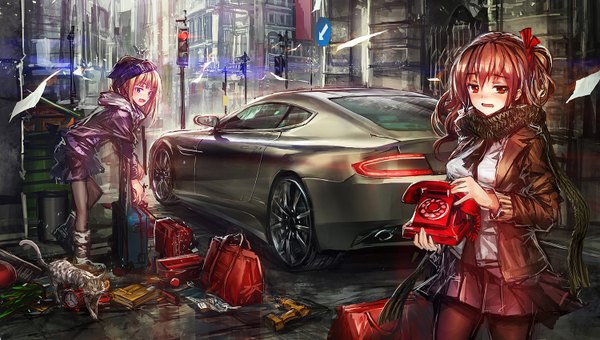 Anime picture 1500x850 with original aston martin ltd lm7 (op-center) long hair blush open mouth blue eyes blonde hair red eyes brown hair wide image standing multiple girls looking away wind open clothes open jacket city cityscape girl