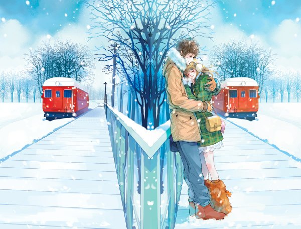 Anime picture 1200x912 with daisy (artist) blonde hair brown hair eyes closed light smile couple hug snowing reflection winter snow girl boy plant (plants) tree (trees) headphones train tram