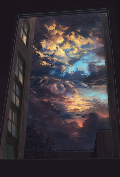 Anime picture 1000x1465 with original huanxiang huifeng tall image sky cloud (clouds) rain no people scenic plant (plants) tree (trees) window building (buildings)
