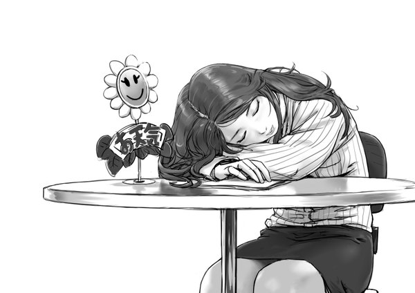 Anime picture 1600x1131 with original carina (xiaowoo) single long hair black hair simple background smile white background sitting eyes closed inscription monochrome sleeping girl skirt flower (flowers) chair table