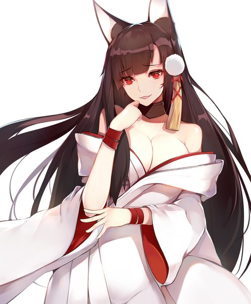 Anime picture 2400x2900 with azur lane akagi (azur lane) akagi (deep crimson poppy) (azur lane) ban bu bu duou single long hair tall image looking at viewer blush fringe highres breasts light erotic simple background smile red eyes brown hair large breasts white background bare shoulders