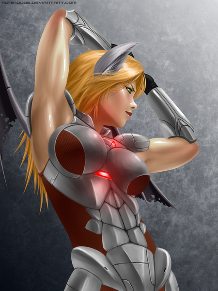 Anime picture 900x1200 with original ronin dude (ray cornwell) single long hair tall image light erotic blonde hair green eyes looking away armpit (armpits) girl gloves wings armor