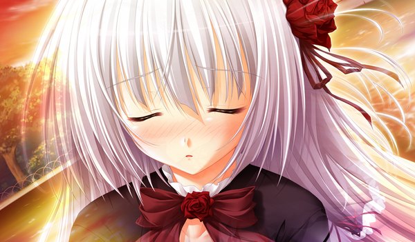 Anime picture 1024x600 with sora to kumo to kimi no koi long hair blush wide image game cg white hair eyes closed hair flower girl hair ornament