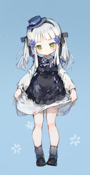 Anime picture 740x1440 with girls frontline hk416 (girls frontline) hk416 (black kitty's gift) (girls frontline) mikuru rumisora single long hair tall image looking at viewer blush fringe simple background standing twintails green eyes payot silver hair full body blunt bangs head tilt sparkle