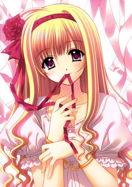 Anime picture 2456x3464 with nishimata aoi single long hair tall image highres blonde hair purple eyes holding absurdres hair flower mouth hold ribbon in mouth girl hair ornament ribbon (ribbons) hairband handcuffs
