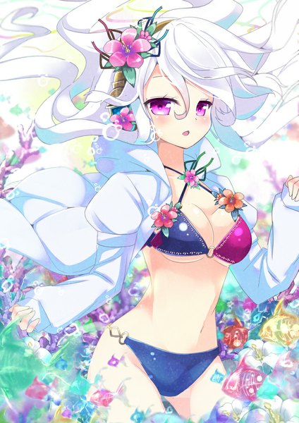 Anime picture 723x1023 with original nyori single long hair tall image looking at viewer blush breasts light erotic white hair pink eyes hair flower underwater girl hair ornament flower (flowers) swimsuit bikini hairband bubble (bubbles)
