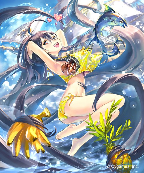 Anime picture 750x900 with hisakata souji tall image open mouth blue eyes light erotic black hair bare shoulders sky cloud (clouds) bent knee (knees) very long hair barefoot teeth bare legs bare belly orange eyes fang (fangs) no shoes arms behind head jumping