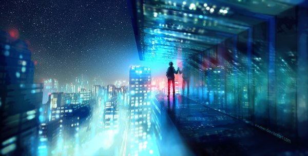 Anime picture 1500x762 with original yuumei short hair wide image standing sky night night sky city reflection cityscape city lights boy star (stars)