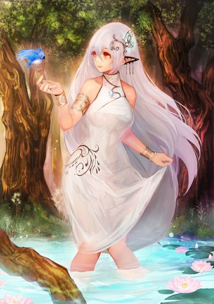 Anime picture 723x1023 with original yaoya musuko single long hair tall image fringe breasts red eyes standing bare shoulders looking away white hair pointy ears partially submerged floral print girl dress hair ornament flower (flowers) plant (plants)