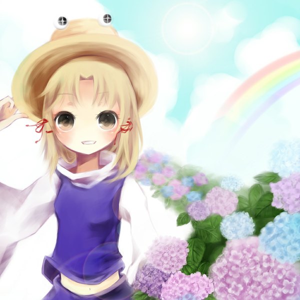 Anime picture 1000x1000 with touhou moriya suwako looking at viewer blush short hair open mouth blonde hair smile twintails sky cloud (clouds) long sleeves short twintails girl skirt flower (flowers) hat leaf (leaves) skirt set straw hat