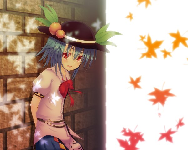Anime picture 1200x960 with touhou hinanawi tenshi ghost okada single looking at viewer blush short hair open mouth red eyes blue hair :d alternate hairstyle alternate hair length girl hat bowtie leaf (leaves) wall