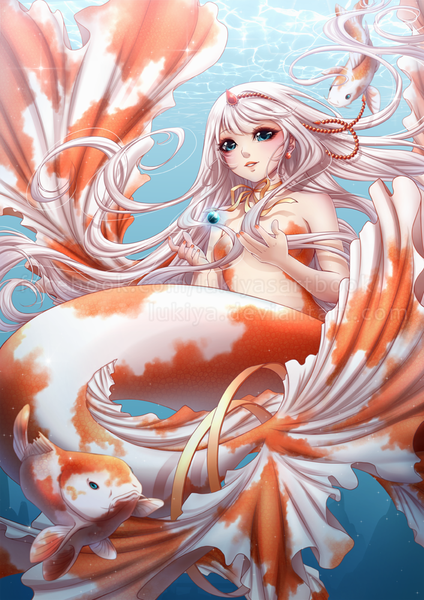 Anime picture 707x1000 with original lukiya long hair tall image looking at viewer fringe blue eyes bare shoulders white hair magic underwater girl hair ornament ribbon (ribbons) earrings animal water fish (fishes) beads mermaid