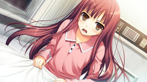 Anime picture 1280x720 with koi de wa naku (game) tomose shunsaku long hair open mouth wide image yellow eyes game cg red hair girl pajamas