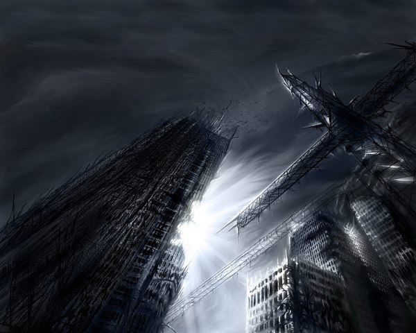 Anime picture 1280x1024 with alexiuss sky night city ruins destruction building (buildings) skyscraper crane