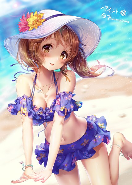 Anime picture 713x1000 with idolmaster idolmaster cinderella girls idolmaster cinderella girls starlight stage totoki airi paint musume single long hair tall image looking at viewer blush fringe breasts light erotic smile brown hair standing twintails brown eyes signed cleavage