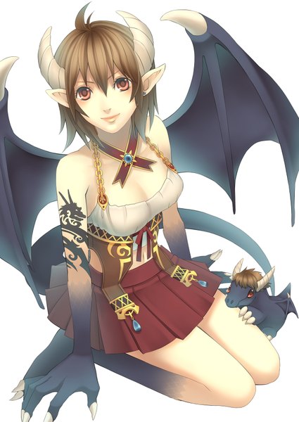 Anime picture 1250x1765 with original falseele single tall image looking at viewer short hair simple background red eyes brown hair white background horn (horns) pointy ears tattoo demon girl girl dress wings dragon