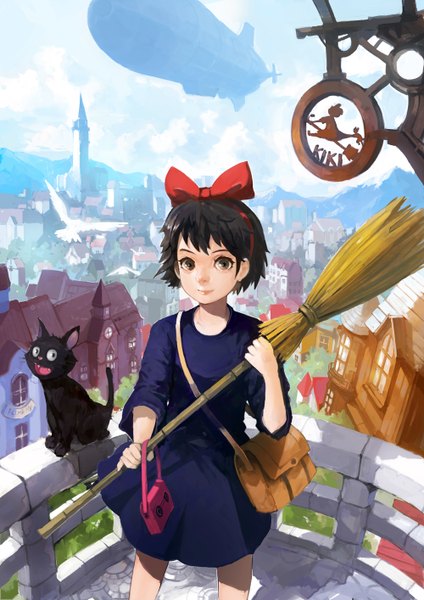 Anime picture 1000x1414 with kiki's delivery service studio ghibli kiki jiji alchemaniac tall image looking at viewer short hair black hair brown eyes sky city cityscape girl dress bow hair bow animal bird (birds) building (buildings)