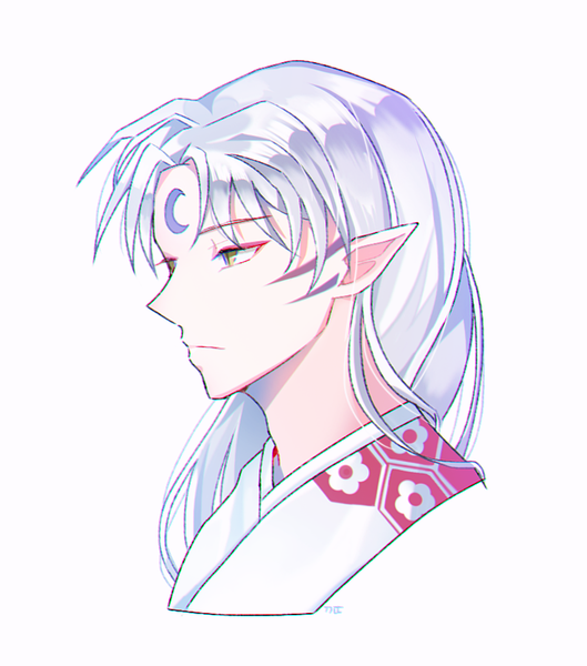 Anime picture 794x900 with inuyasha sesshomaru ggomddak single long hair tall image simple background white background yellow eyes looking away silver hair profile pointy ears facial mark portrait forehead mark boy moon (symbol)