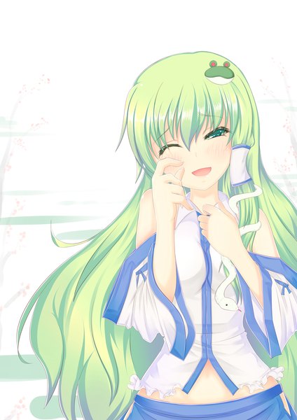 Anime picture 2893x4092 with touhou kochiya sanae inu3 single long hair tall image highres open mouth white background green eyes one eye closed green hair wink girl detached sleeves hair tubes snake