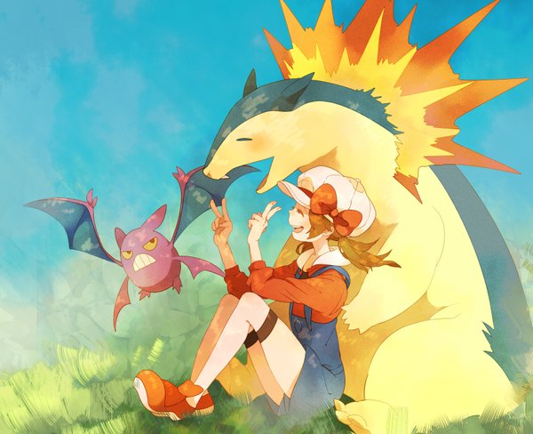 Anime picture 1589x1295 with pokemon pokemon heartgold and soulsilver nintendo lyra (pokemon) typhlosion crobat happa (artist) open mouth smile brown hair sitting twintails eyes closed profile short twintails victory gen 2 pokemon girl thighhighs plant (plants)